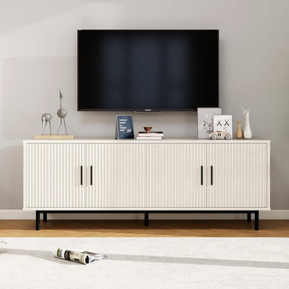 70" Modern TV Stand for Televisions up to 80 Inch, Entertainment Center with Storage, Cabinet with Fluted Door and Adjustable Shelf, Console Table and Media Furniture for Living Room, White