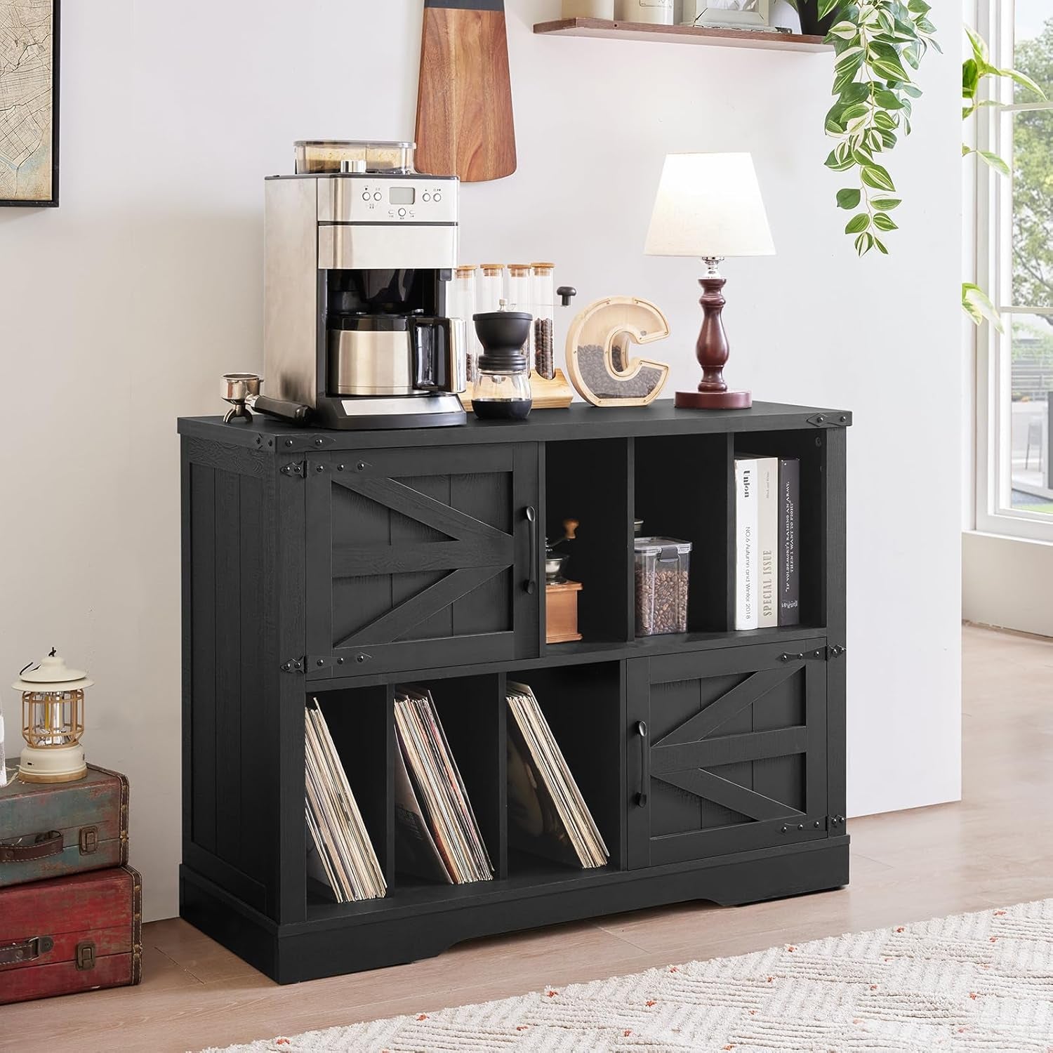 Large Record Player Stand with Vinyl Storage up to 450 Albums, 39 Inch Farmhouse Wood Black Vinyl Records Storage Cabinet with Barn Doors, Mid-Century Modern Turntable Stand for Living Room