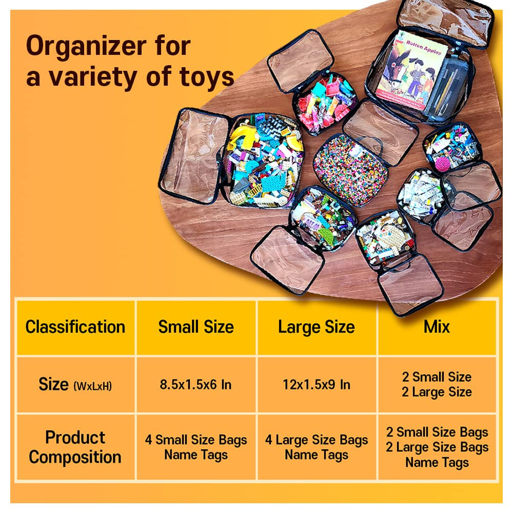 4 Packs PVC Zippered Blocks Set, Toy, Clay, Board Game Storage Organizer Case (Name Tag, Manual Pocket) (Black, Large)