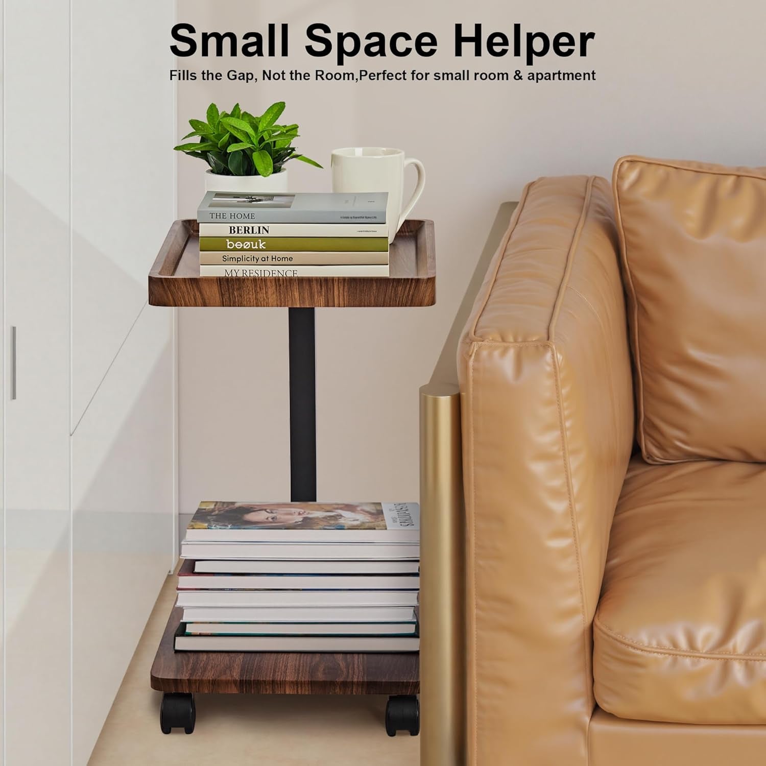 TV Tray Table Sofa Side Table Adjustable Height, 360°Swivel Couch Table for Small Spaces, C Shaped End Tables Living Room and Bedroom for Sofa, Bed, Chair, Snack, Living Room (Walnut Brown)