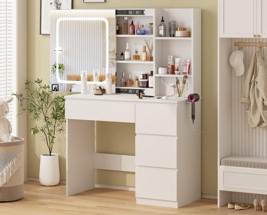 Vanity Desk with Mirror and Lights,Make up 4 Drawers Table with Glass Door Storage Cabinet,Charger Station,3 Lighting Color Dressing Table for Bedroom,37Inch,White