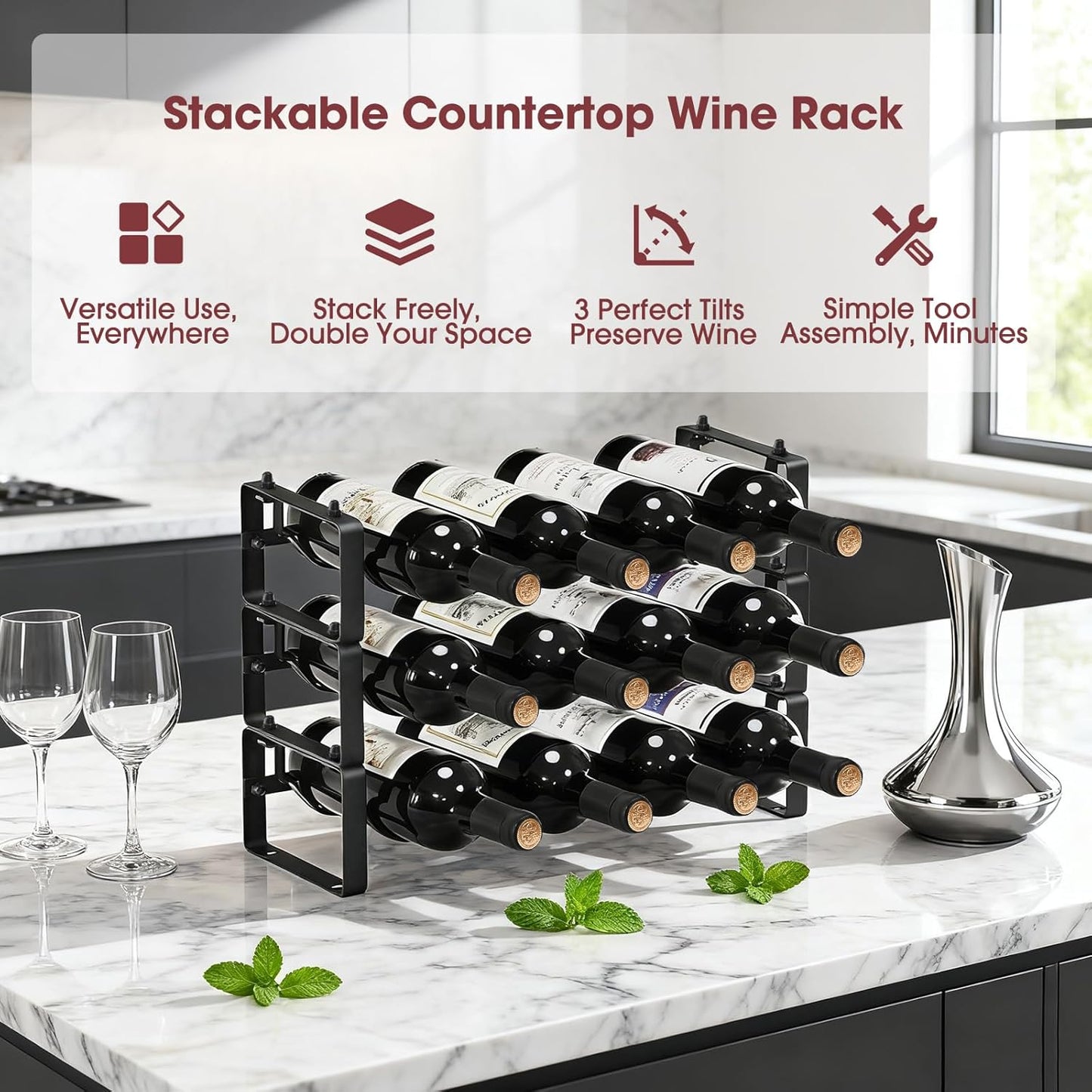 Stackable Wine Rack Countertop, 12 Bottles Wine Bottle Holder for inside Cabinet, Small Tabletop Wine Holder Stand for Pantry Bar, 3-Tier Angle Adjustable Wine Bottle Rack for Tight Spaces