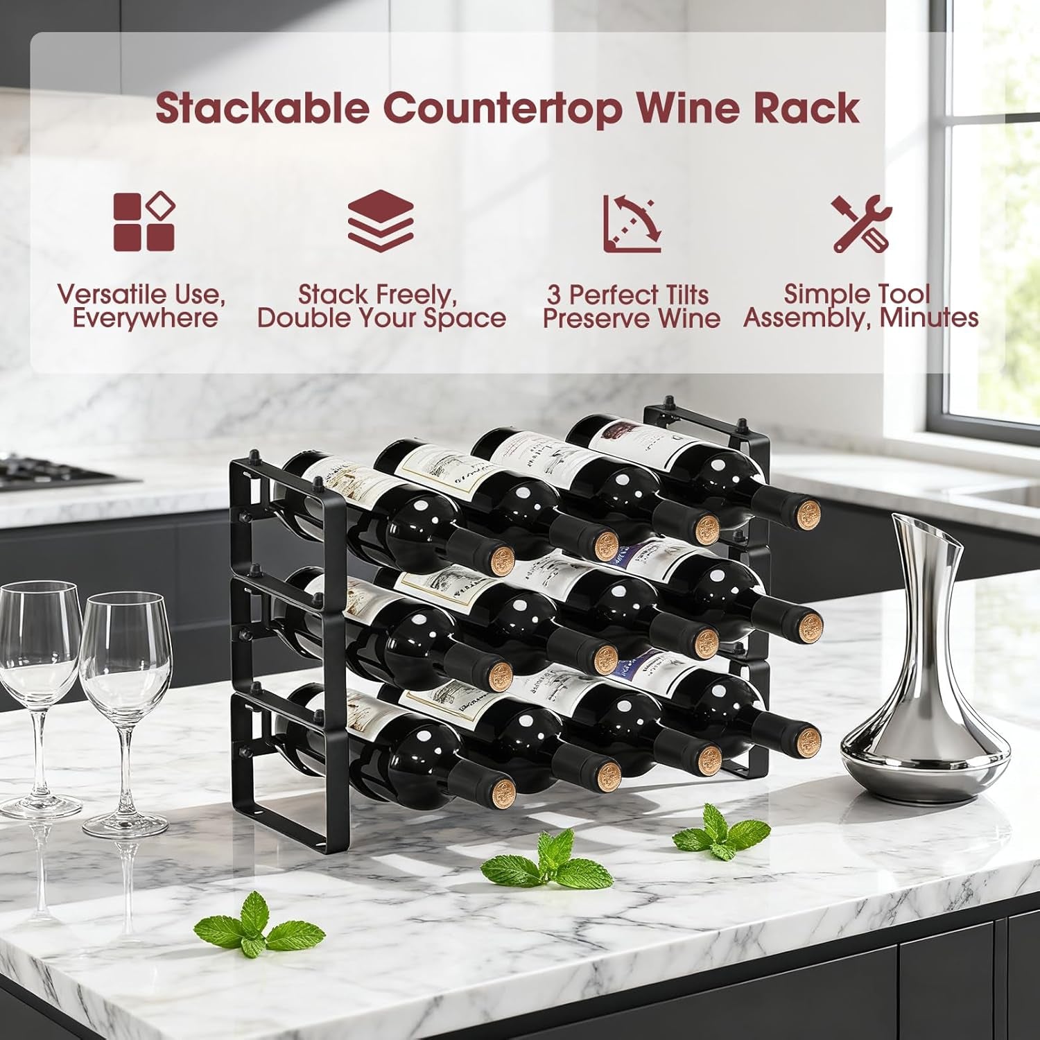 Stackable Wine Rack Countertop, 12 Bottles Wine Bottle Holder for inside Cabinet, Small Tabletop Wine Holder Stand for Pantry Bar, 3-Tier Angle Adjustable Wine Bottle Rack for Tight Spaces