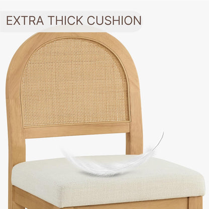 Rattan Counter Height Bar Stools Set of 3, Upholstered Farmhouse Barstools with Natural Rattan Back, Wooden Legs for Kitchen Island, Natural/Linen