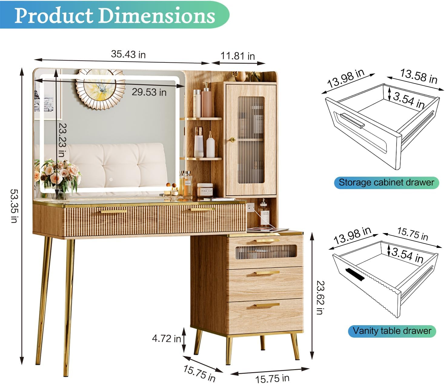 Vanity Desk with 29.53" HD Lighted Mirror, 47.24" Big Modern Vanity Desk with Mirror and Lights, Makeup Vanity with 5 Drawers and Storage Shelves and Charging Station, Oak