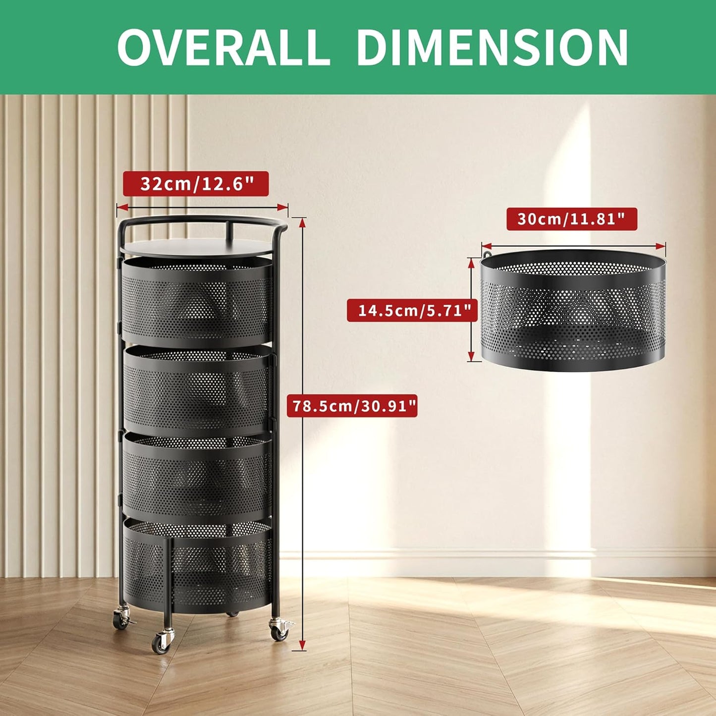 No Assembly Integrated Vegetable Storage Rack, 4-Tier Rotating Fruit Basket with Wheels, Solid Carbon Steel Kitchen Storage Cart for Potato Onion Produce, Fruteros Para Cocina, Black