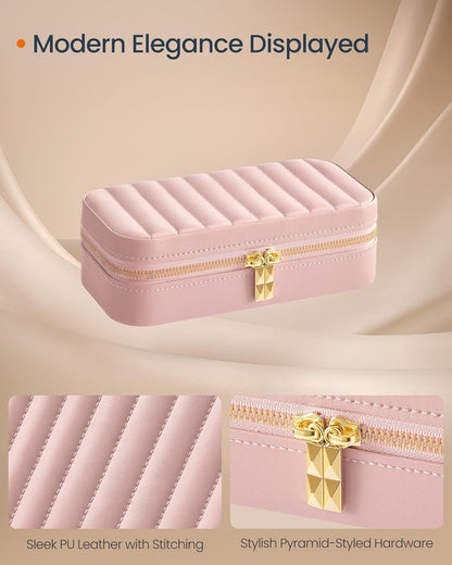 Travel Jewelry Case, Travel Jewelry Box Organizer with Mirror, 4.1 X 8 X 2.4 Inches, Stitching, Portable, Gift Idea, Jelly Pink UJBC180S01