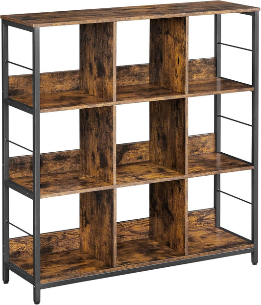 Bookshelf, Bookcase, 9 Cubes Storage Organizer, Industrial Open Display Shelf, for Bedroom, Office, Living Room, Metal Frame, Rustic Brown and Black ULLS112B01