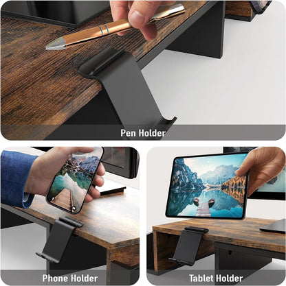 Desk Dual Monitor Stand Riser with Drawer, Rustic Brown