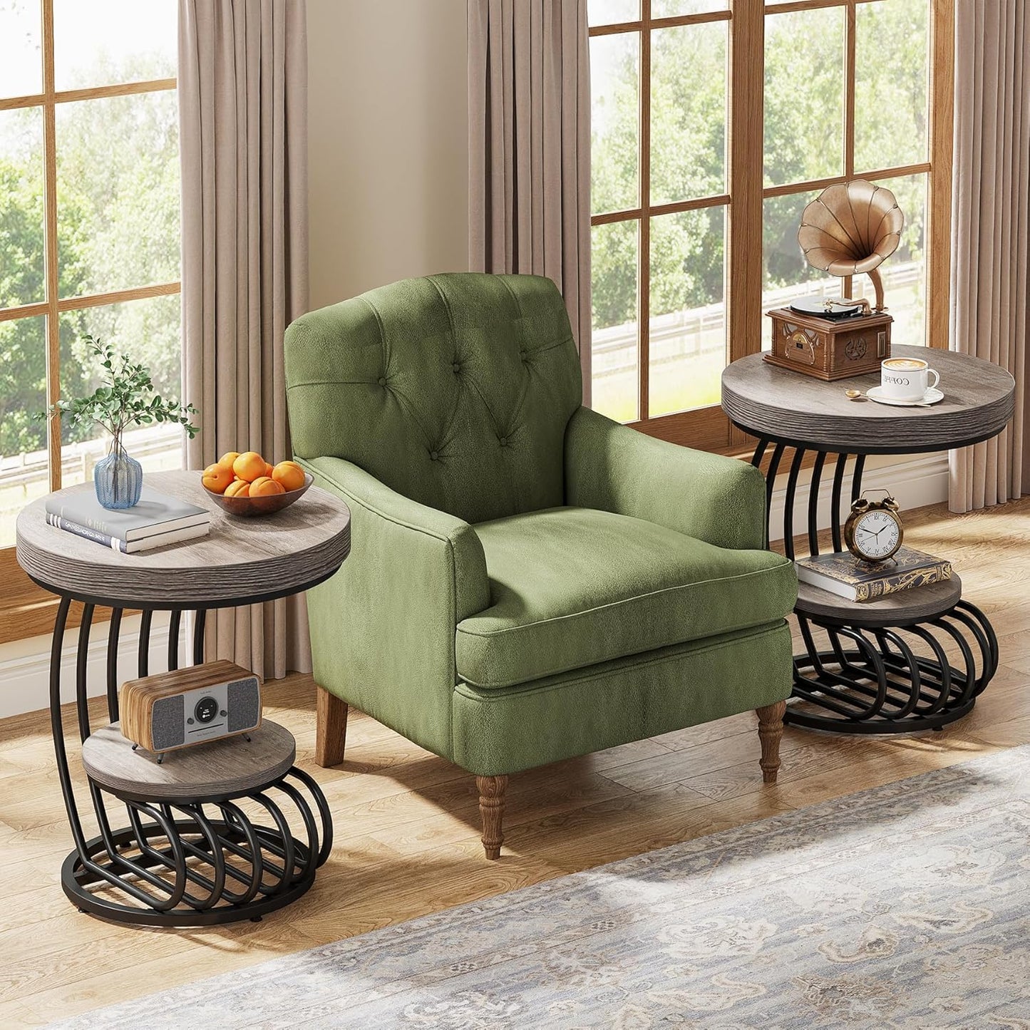 round End Table, 2-Tier Farmhose Wood Side Table with Shelf Storage, Small Sofa Side Bedside Nightstand, Arc-Shaped Frame Accent Furniture for Living Room, Grey