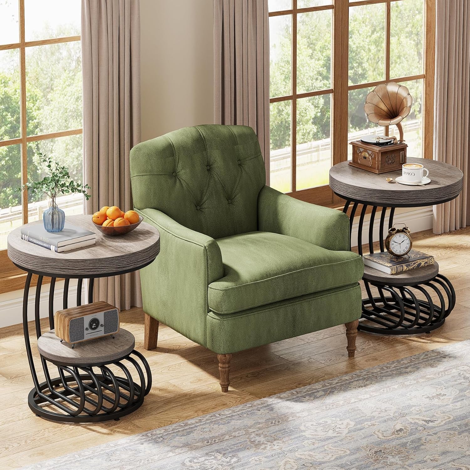 round End Table, 2-Tier Farmhose Wood Side Table with Shelf Storage, Small Sofa Side Bedside Nightstand, Arc-Shaped Frame Accent Furniture for Living Room, Grey