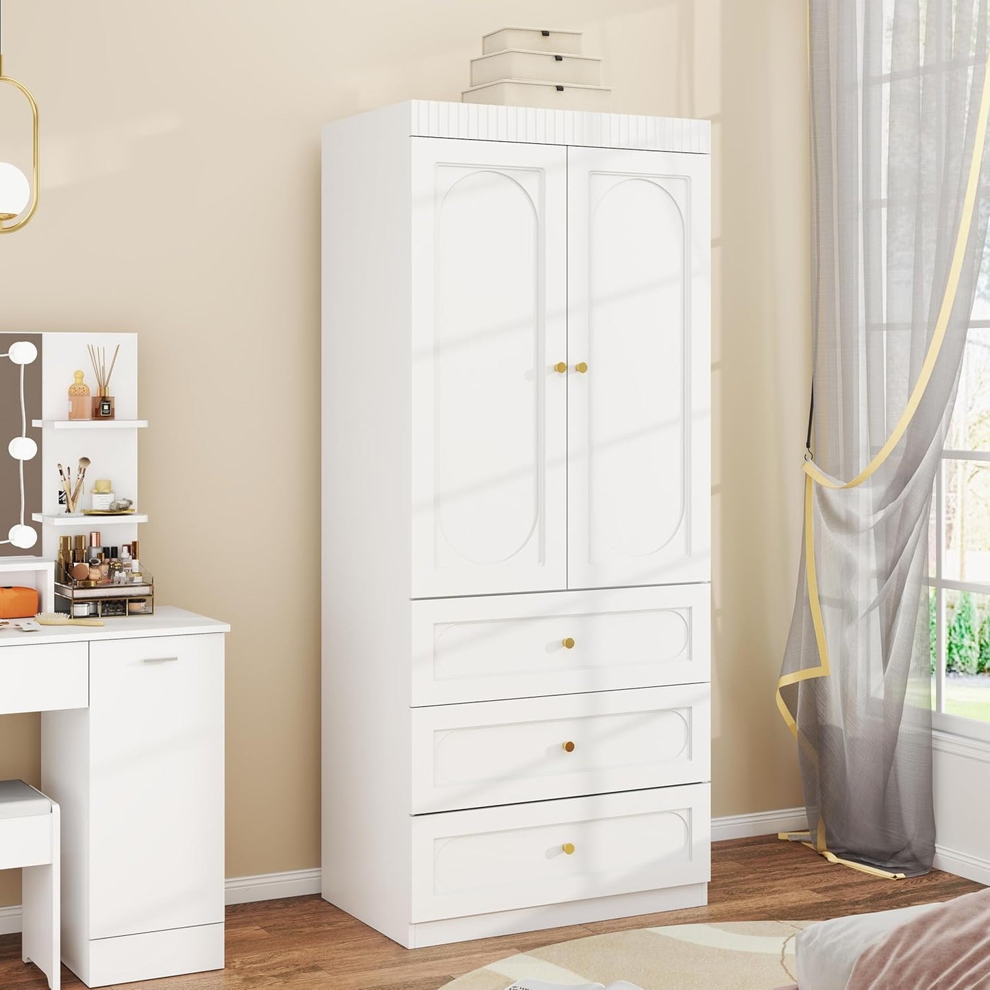 Wooden Wardrobe Closet with Doors: 75" Tall White Armoire Wardrobe Closet with 3 Drawers and 2 Doors, Modern Clothes Cabinets for Bedroom Armoires with Hanging Rod (3-Drawers, 31.5")