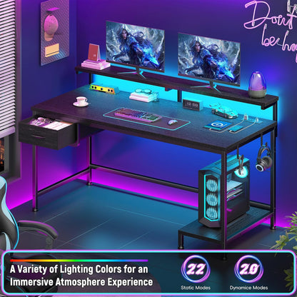 39.3" Gaming Desk with Power Outlet and LED Lights,Computer Desk with Adjutable Monitor Stand and Drawer,Office Desk with CPU Stand for Home Work,Study and Gaming, Small Spaces,Black