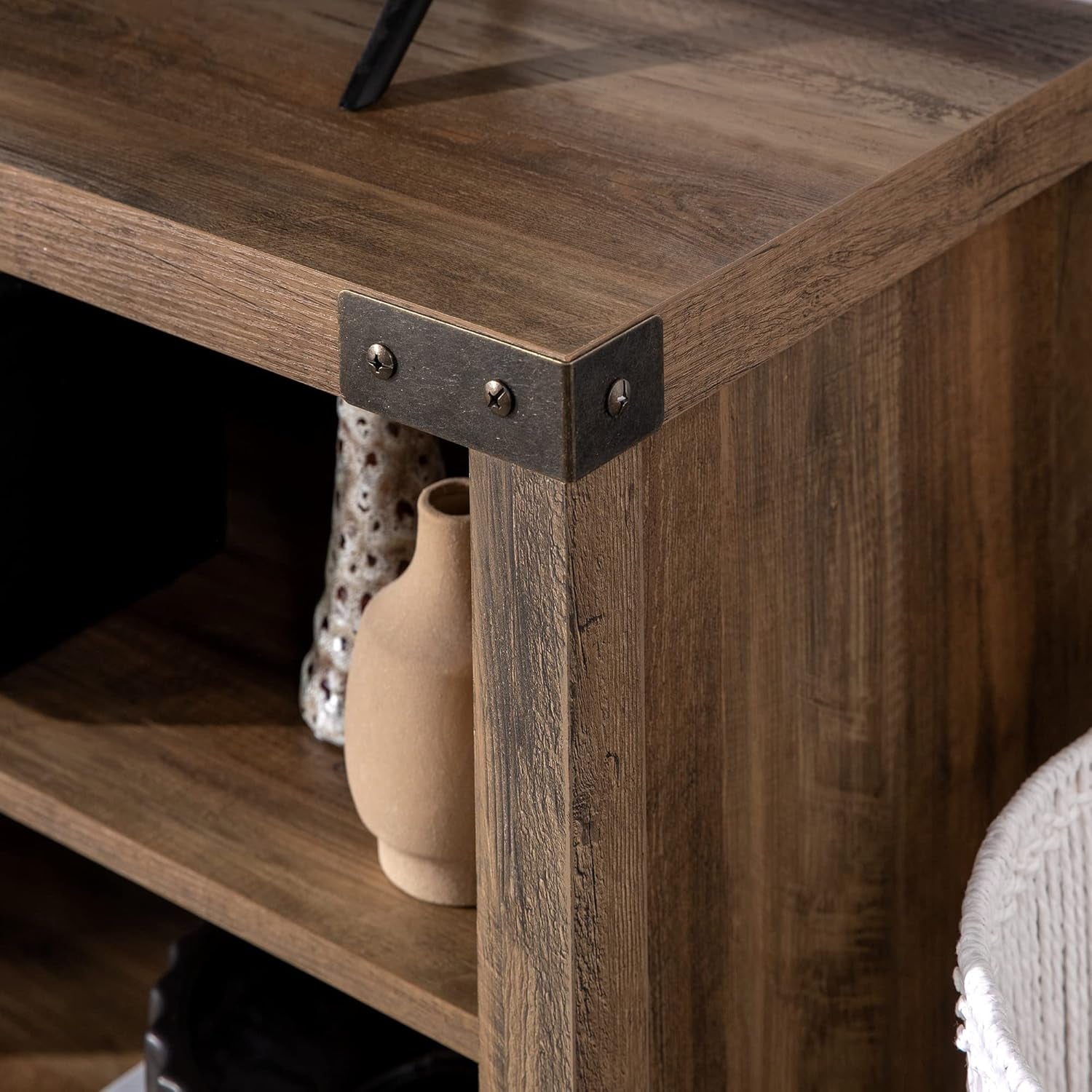 Lewis Single Barn Door Storage Console, 44 Inch, Rustic Oak, without Fireplace