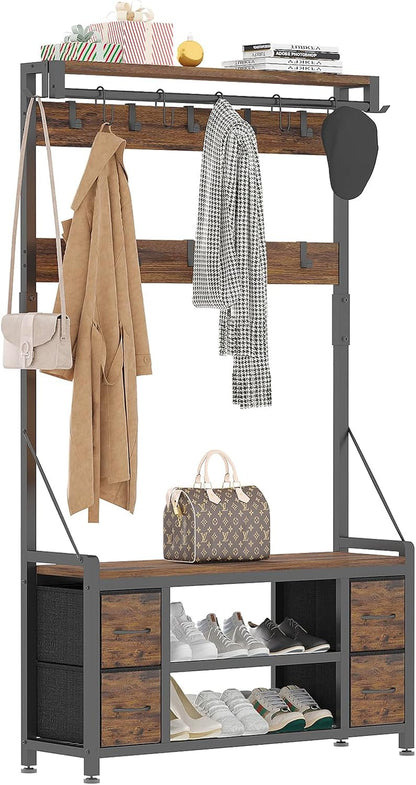 39" Hall Tree with Storage Coat Rack Freestanding Entryway Furniture Bench, 5 in 1 Design Front Door Shoe Rack and Wall Rack Hooks, and 4 Drawers (Rustic Brown)
