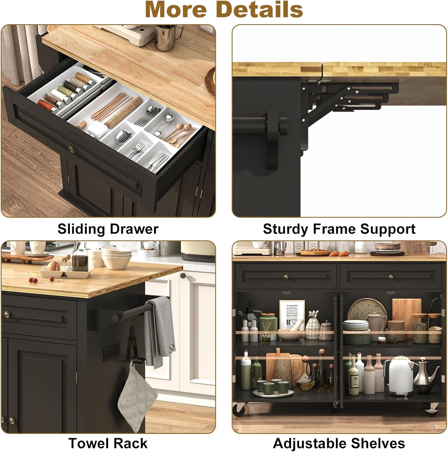 59" W Rolling Kitchen Island with Drop Leaf, Movable Kitchen Carts on Wheels Island with Storage Cabinet&Charging Station, Island Table for Kitchen W/Rubber Wood Top, Rack, Hook, Drawers, Black