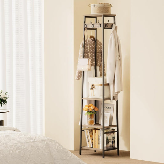 Coat Rack Freestanding, Coat Stand with 3 Shelves and 7 Hooks, Hall Tree Free Standing, Clothes Rack Stand Organizer, Industrial Style, Greige and Black