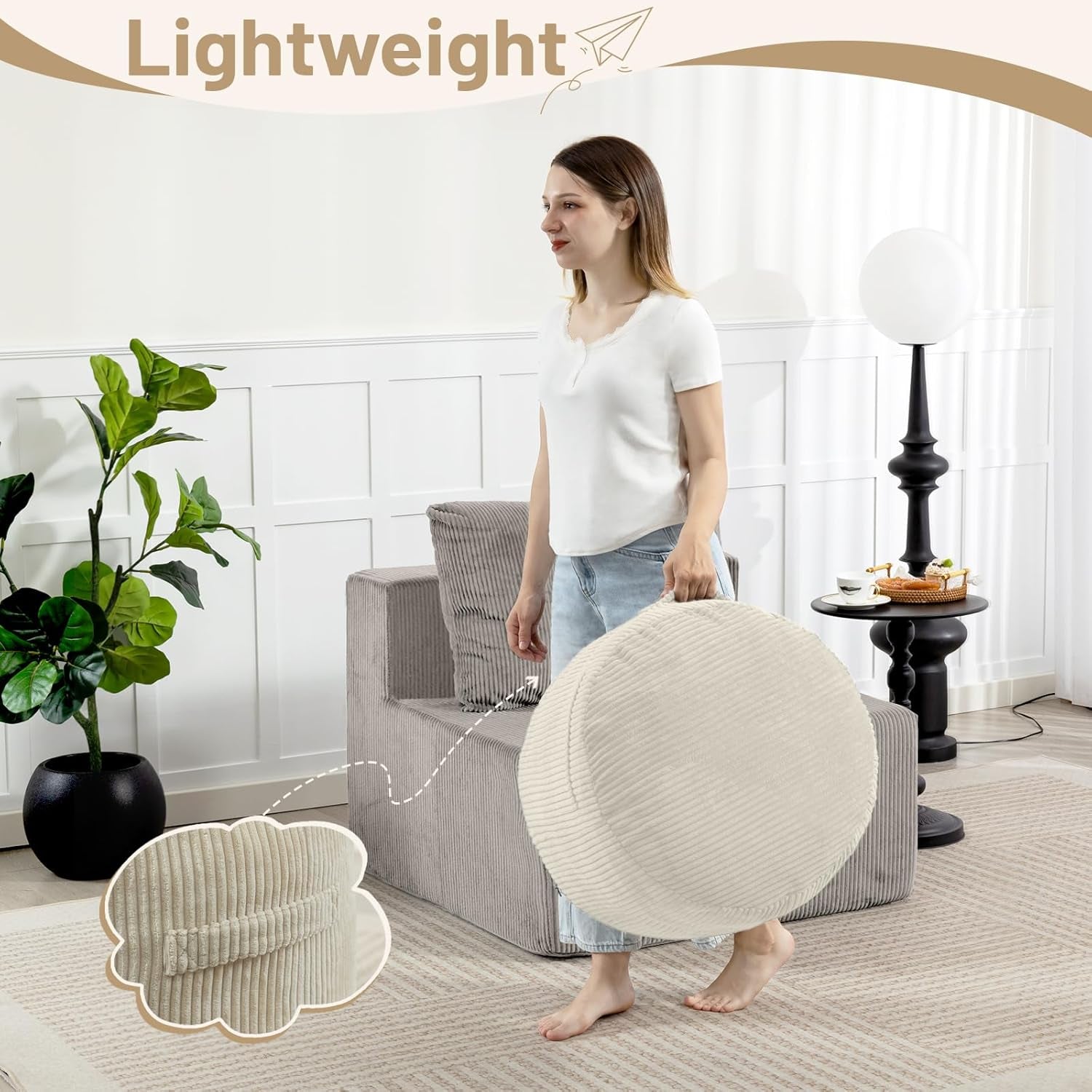Round Stuffed Pouf Ottoman,Corduroy Foot Rest with Rebound Foam Filled, Furry and Fluffy Foot Stool Ottoman,26"*18" Floor Poufs for Living Room (Beige, 26" D X 26" W X 18" H)