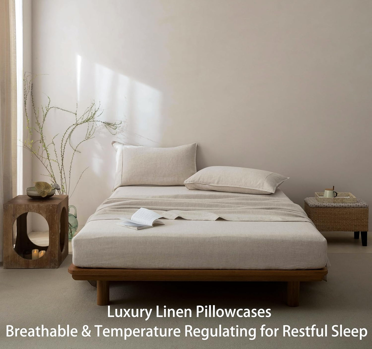 100% French Linen Pillow Case King Size Set of 2,Oeko-Tex Certified Stone Washed Flax Pillow Shams with Envelope Closure - Breathable & Cooling for Hot Sleepers（Natural Linen,20''X36''）