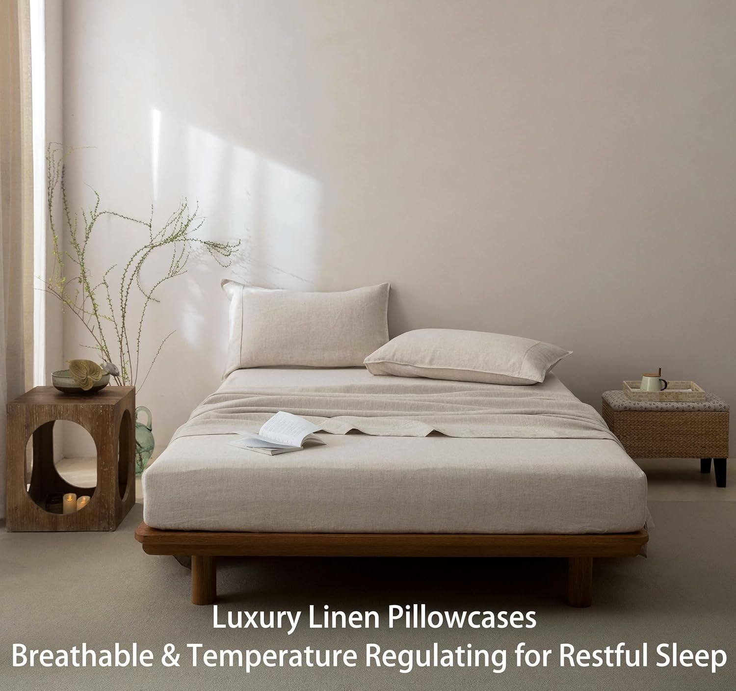 100% French Linen Pillow Case King Size Set of 2,Oeko-Tex Certified Stone Washed Flax Pillow Shams with Envelope Closure - Breathable & Cooling for Hot Sleepers（Natural Linen,20''X36''）