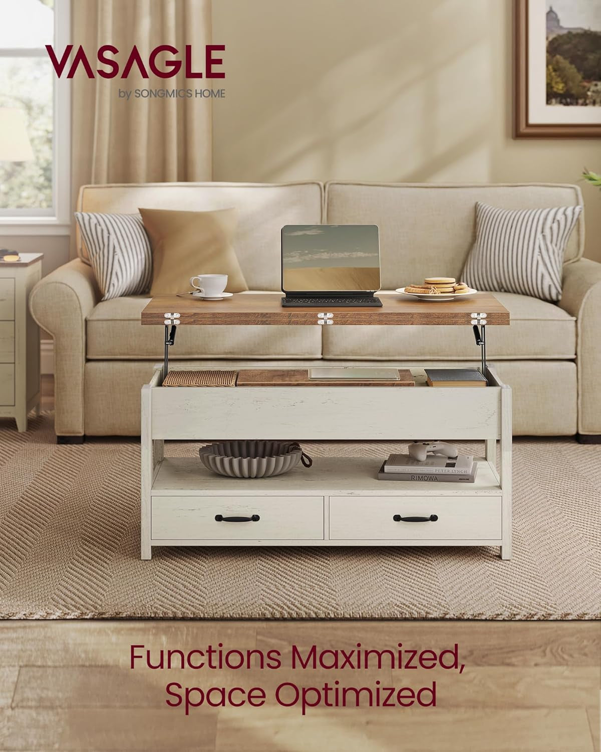 Coffee Table Lift Top, 3 in 1 Center Table with Storage, Gas Spring, 2 Drawers and 3 Hidden Compartments, Open Shelf, for Living Room, Home Office, Honey Brown and Rustic White ULCT254W01