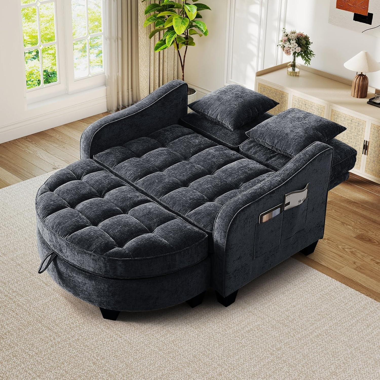 Chaise Lounge Chair Indoor, Chenille Oversized Sofa Chair with Storage Ottoman & Adjustable Backrest, Fluffy Loveseat Sofa, Comfy Convertible Sleeper Couch Bed for Living Room, Bedroom(Blue)