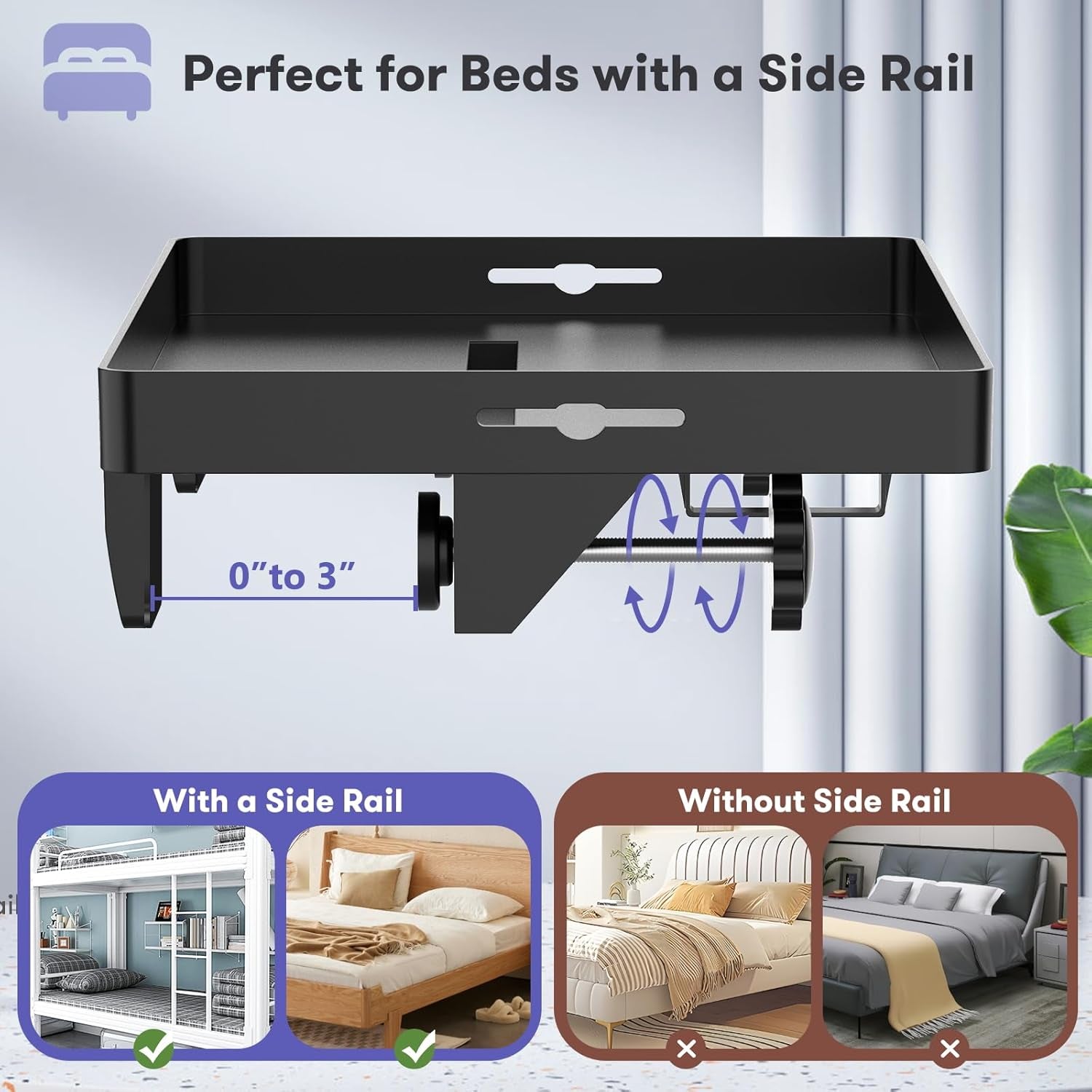 Bedside Shelf, Bunk Bed Table Shelf for Top Bunk, Black Clip on Nightstand with Removable Cup Holder&Power Strip Holder,Bunk Bed Tray for Dorm Bed&Loft Bed,College Dorm Room Essential(Updated Version)