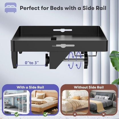 Bedside Shelf, Bunk Bed Table Shelf for Top Bunk, Black Clip on Nightstand with Removable Cup Holder&Power Strip Holder,Bunk Bed Tray for Dorm Bed&Loft Bed,College Dorm Room Essential(Updated Version)
