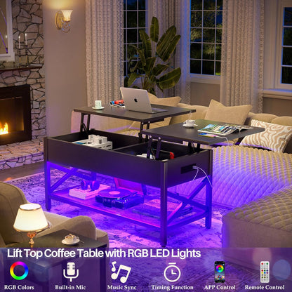 Black Lift-Top Coffee Table with LED Light, Power Outlets and Storage Shelf, 41.7"W X 19.69"L X 19.7"H