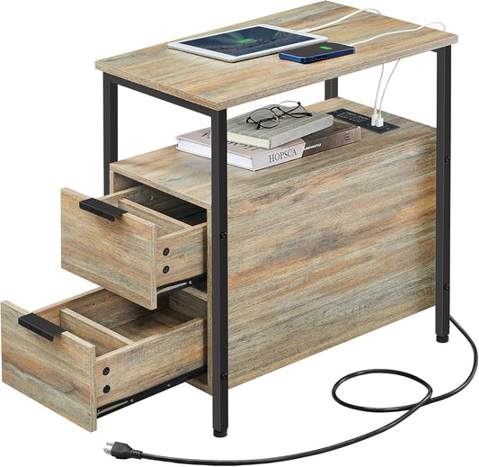 Side Table with Charging Station, Narrow End Table with 2 Drawers, Slim Nightstand and Bedside Table with Storage, for Small Spaces, Oak with Blue Grains and Black ULET321B60