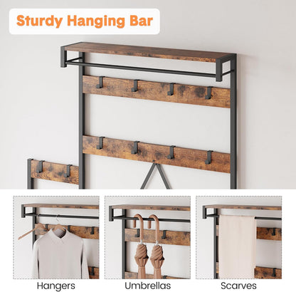 Hall Tree with Bench and Shoe Storage Parent-Child Coat Rack Shoe Bench Industrial Coat Tree Entryway Large Organizer with Shoe Rack, Storage Cubbies, Hooks, and Top Shelf