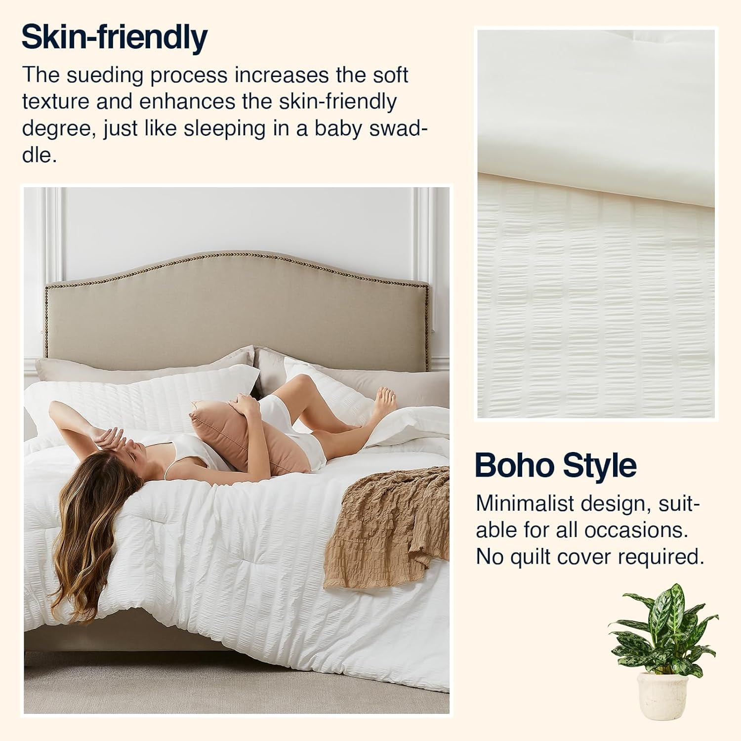 Beige Queen Comforter Set - 3 Pieces Seersucker Lightweight Bedding Comforter Sets (1 Soft Fluffy Comforter & 2 Pillowcases) - All Seasons Cozy Farmhouse Bed Sets for Women Men