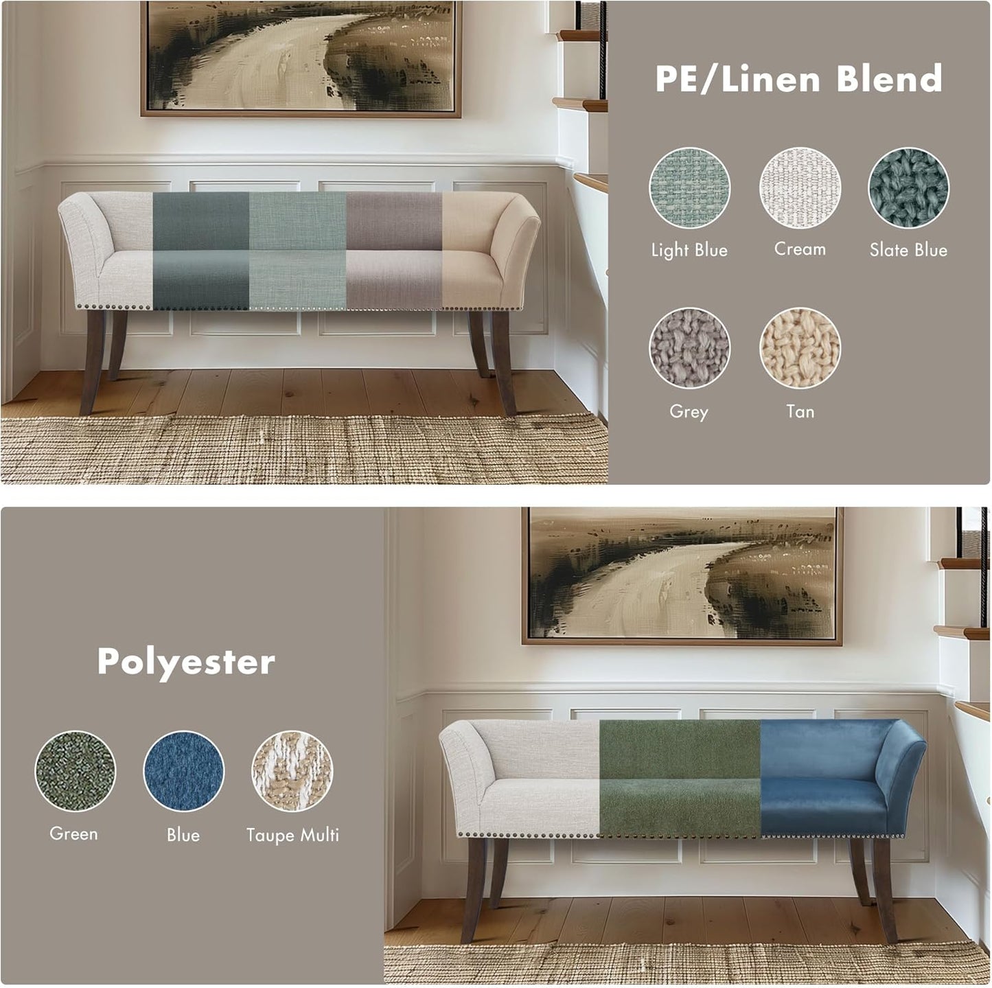 Accent Bench, Upholstered with Nailhead Trim, & Padded Seat Entryway Bench Small, End of Bed Bench with Back, 49.5" W X 19.25" D X 23" H, Grey
