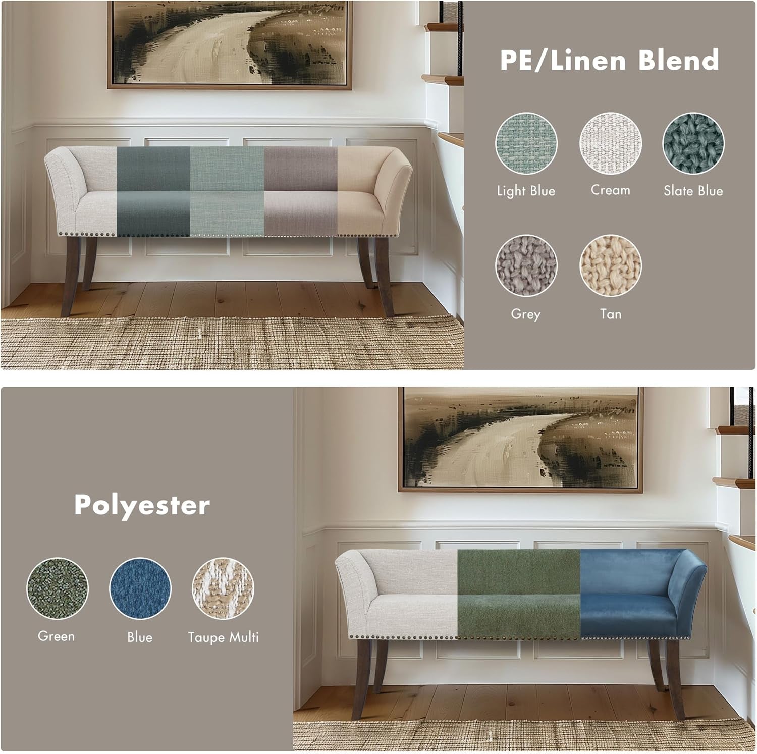 Accent Bench, Upholstered with Nailhead Trim, & Padded Seat Entryway Bench Small, End of Bed Bench with Back, 49.5" W X 19.25" D X 23" H, Grey