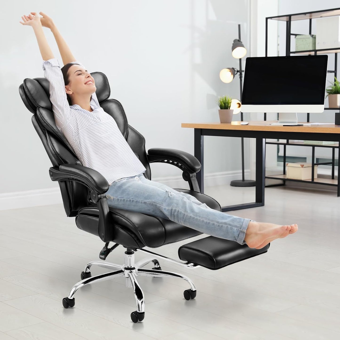 Office Chair with Retractable Footrest, Ergonomic High Back Design Executive Computer Desk Chair with Removable Lumbar Pillow, 90-135°Reclining, Thick Bonded Leather for Home Office Work, Black