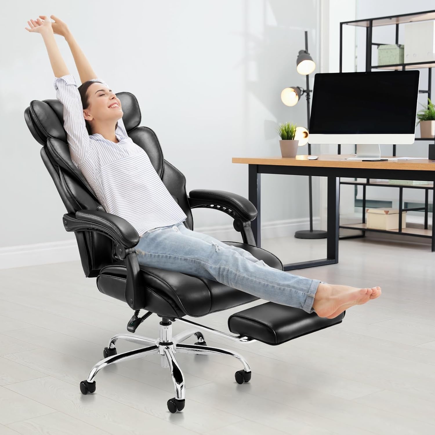 Office Chair with Retractable Footrest, Ergonomic High Back Design Executive Computer Desk Chair with Removable Lumbar Pillow, 90-135°Reclining, Thick Bonded Leather for Home Office Work, Black