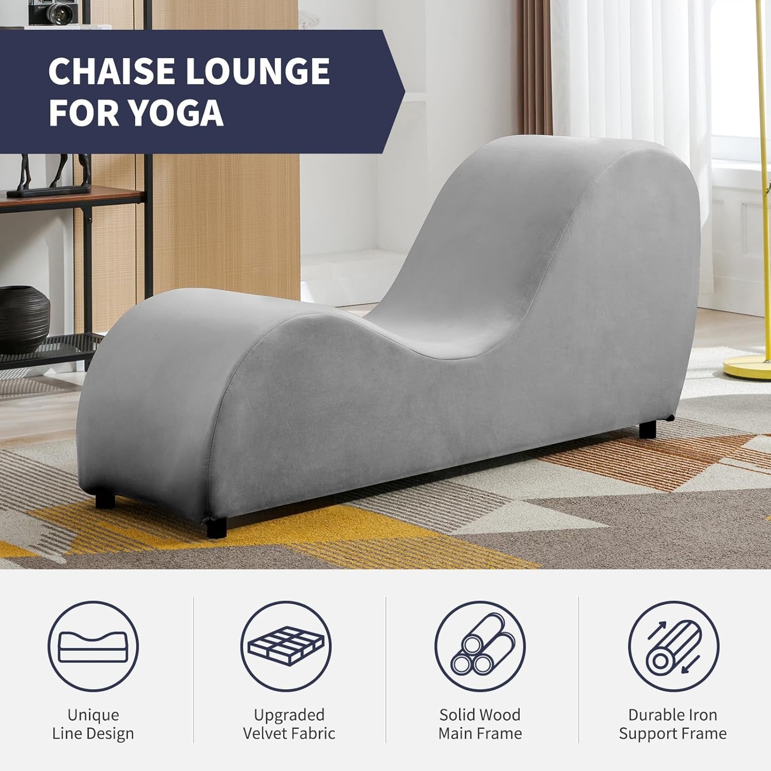 Yoga Chair, Curved Yoga Chaise Lounge for Stretching Relaxing Exercising, Modern Velvet Sleek Yogas Chaise Lounge Sofa Chair with Ergonomic Positioning for Bedroom, Living Room - Light Grey