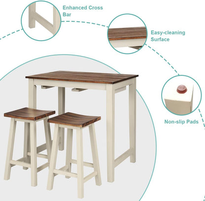 3 Piece Pub Dining Set, Counter Height Pub Table with 2 Saddle Bar Stools, Tavern Collection Table Set for Living Room, Kitchen, Small Space (Brown & Milky White)