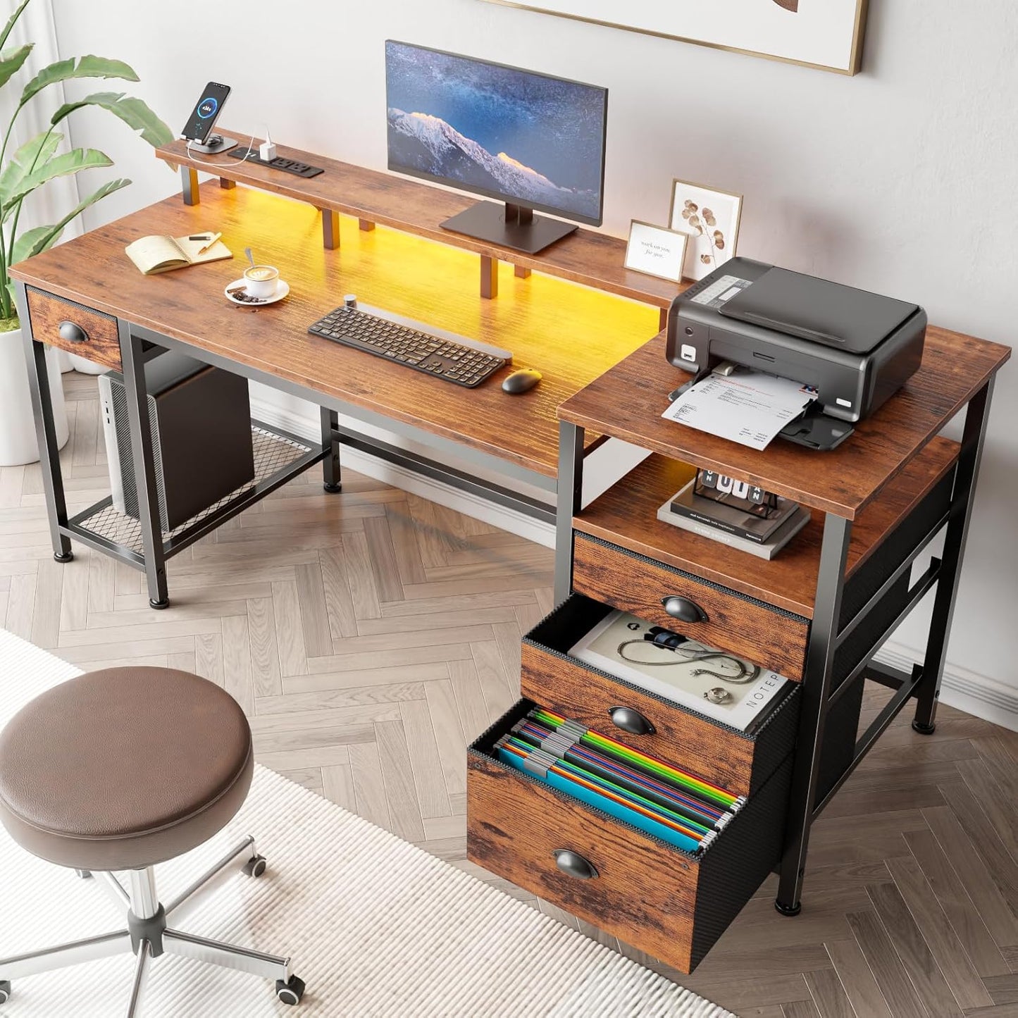 60" Computer Desk with 4 Drawers and Printer Space, Gaming Desk with LED Lights and USB Power Outlets, Office Desk with Fabric File Cabinet, Work Table with Shelf for Bedroom, Rustic Brown