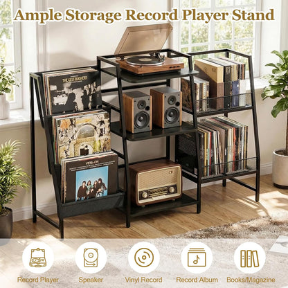 Record Player Stand with LED Lights, Record Player Table with Large Capacity Storage Holds up to 300 Albums, Vinyl Records Stands for Living Room, Turntable Stand Shelf for Albums, Black