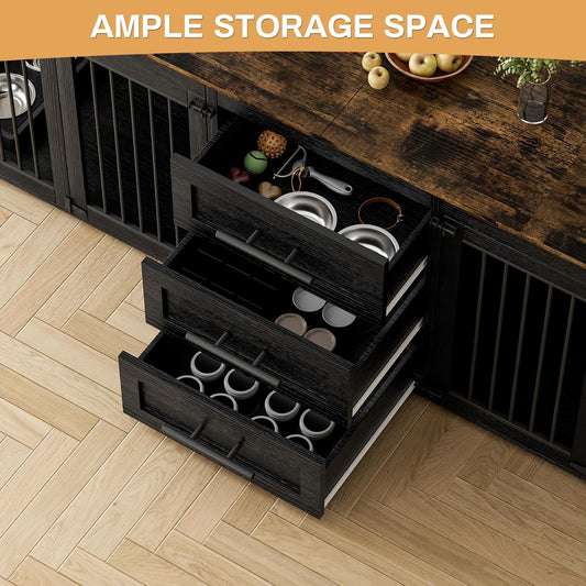 94.5" Large Dog Crate Furniture for 2 Dogs, Double Wooden Dog Kennel Furniture with 4 Dog Bowls & 3 Drawers, Heavy Duty Indoor Furniture Style Dog Cage TV Stand/Table/House, Black