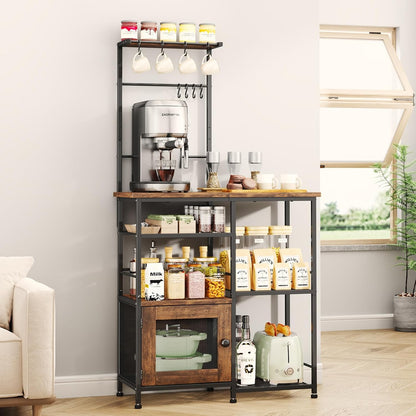Bakers Rack with Storage - Coffee Bar Cabinet Organizer with 8 Hooks, Shelves & Cabinet Door, Coffee Station for Kitchen Dining Room, Microwave Stand with Adjustable Feet, Espresso