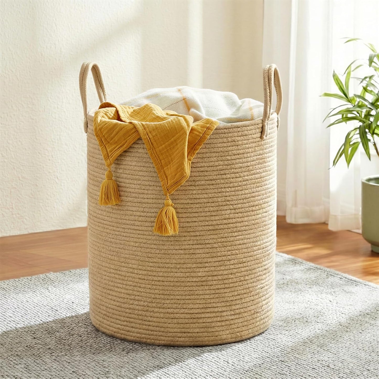 Laundry Hamper, Cotton Rope Laundry Basket with Handles, for Children, Toys, Clothing, Living Room, Bedroom, 15.8 Gallons, 13.8 X 13.8 X 19.7 Inches, Yellowish Brown URLH061KZ01