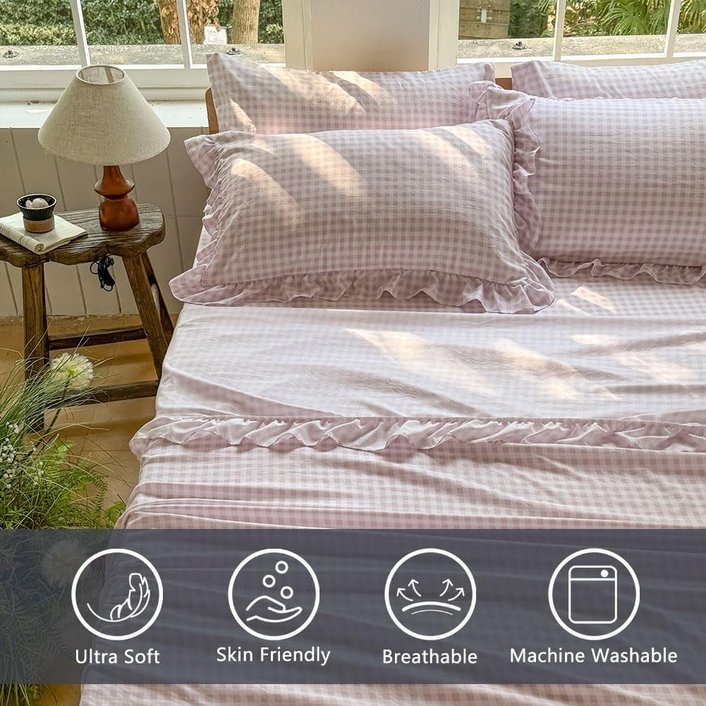 Pink Gingham Ruffle Queen Sheet Set, Pink Soft Pre-Washed Microfiber Plaid Queen Bed Sheets, 4-Pieces Farmhouse Sheet Set with Deep Pocket
