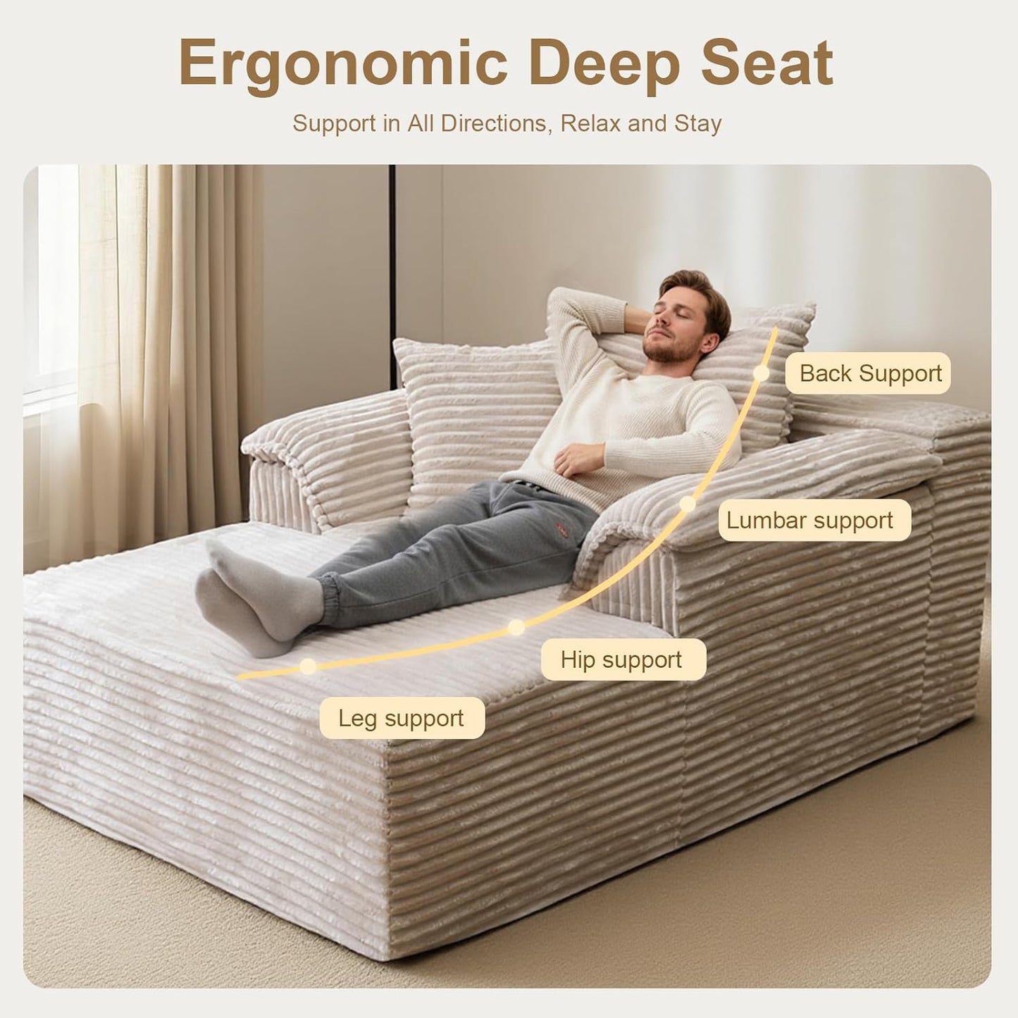 Oversized Chaise Lounge Chair Indoor, Upholstered Single 61'' Rolled Arm Boneless Cloud Sofa Bed Sleeper Couch, No Assembly Faux Rabbit Fur Memory Foam Reading Chair for Living Room Bedroom Beige