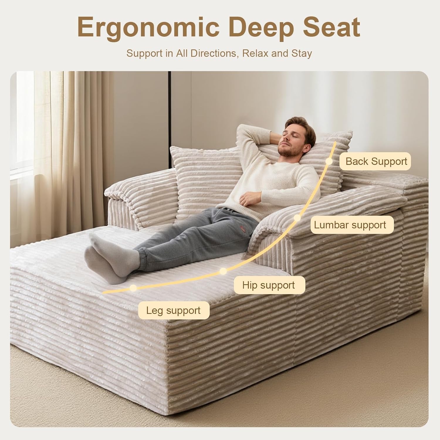 Oversized Chaise Lounge Chair Indoor, Upholstered Single 61'' Rolled Arm Boneless Cloud Sofa Bed Sleeper Couch, No Assembly Faux Rabbit Fur Memory Foam Reading Chair for Living Room Bedroom Beige