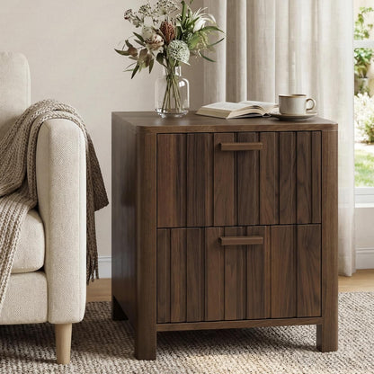 Mid Century Modern Nightstand with 2 Drawers, Fluted Design Bedside Table with Storage, Walnut Finish Night Stand for Bedroom, Study Room