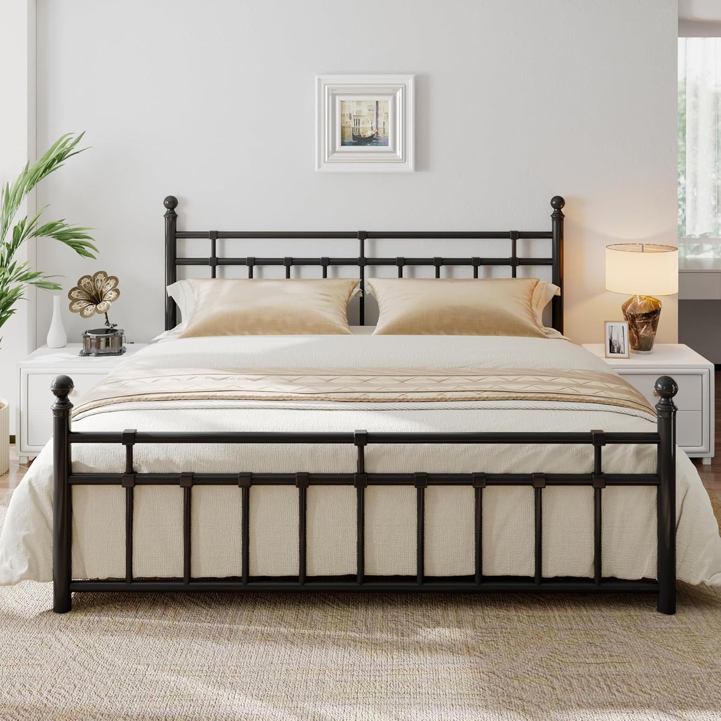 King Metal Bed Frame with Vintage Headboard and Footboard, Farmhouse King Size Bed Frame, under Bed Storage, No Box Spring Needed, Noise-Free, Black
