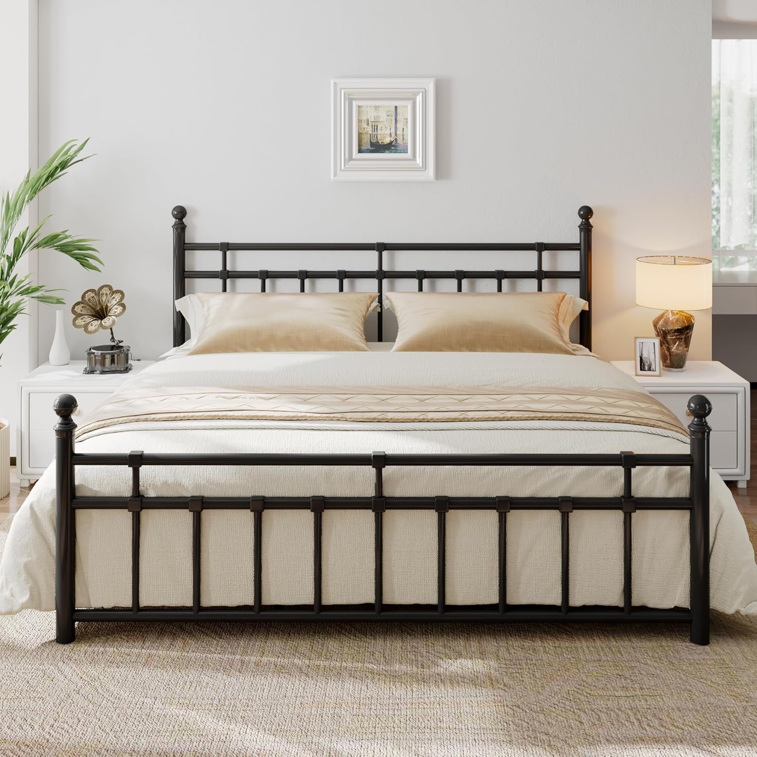 King Metal Bed Frame with Vintage Headboard and Footboard, Farmhouse King Size Bed Frame, under Bed Storage, No Box Spring Needed, Noise-Free, Black