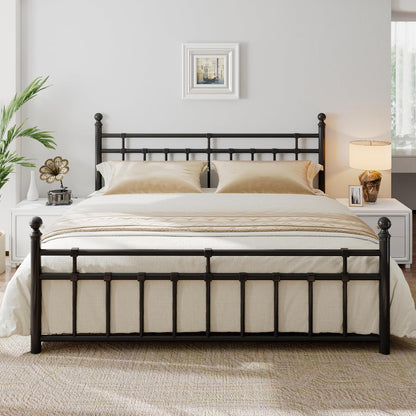 King Metal Bed Frame with Vintage Headboard and Footboard, Farmhouse King Size Bed Frame, under Bed Storage, No Box Spring Needed, Noise-Free, Black